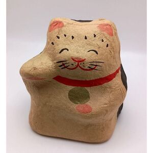 Maneki Neko Lucky Cat Figurine Paper Mache Shelf Sitter 4" Tall Cardboard